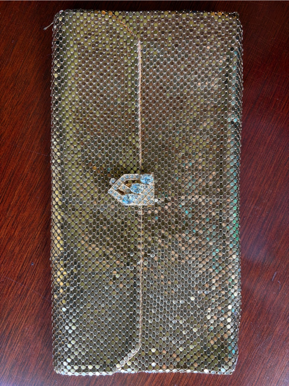 Vintage Whiting & Davis Gold Mesh Evening Clutch Purse Rhinestone Jeweled Clasp